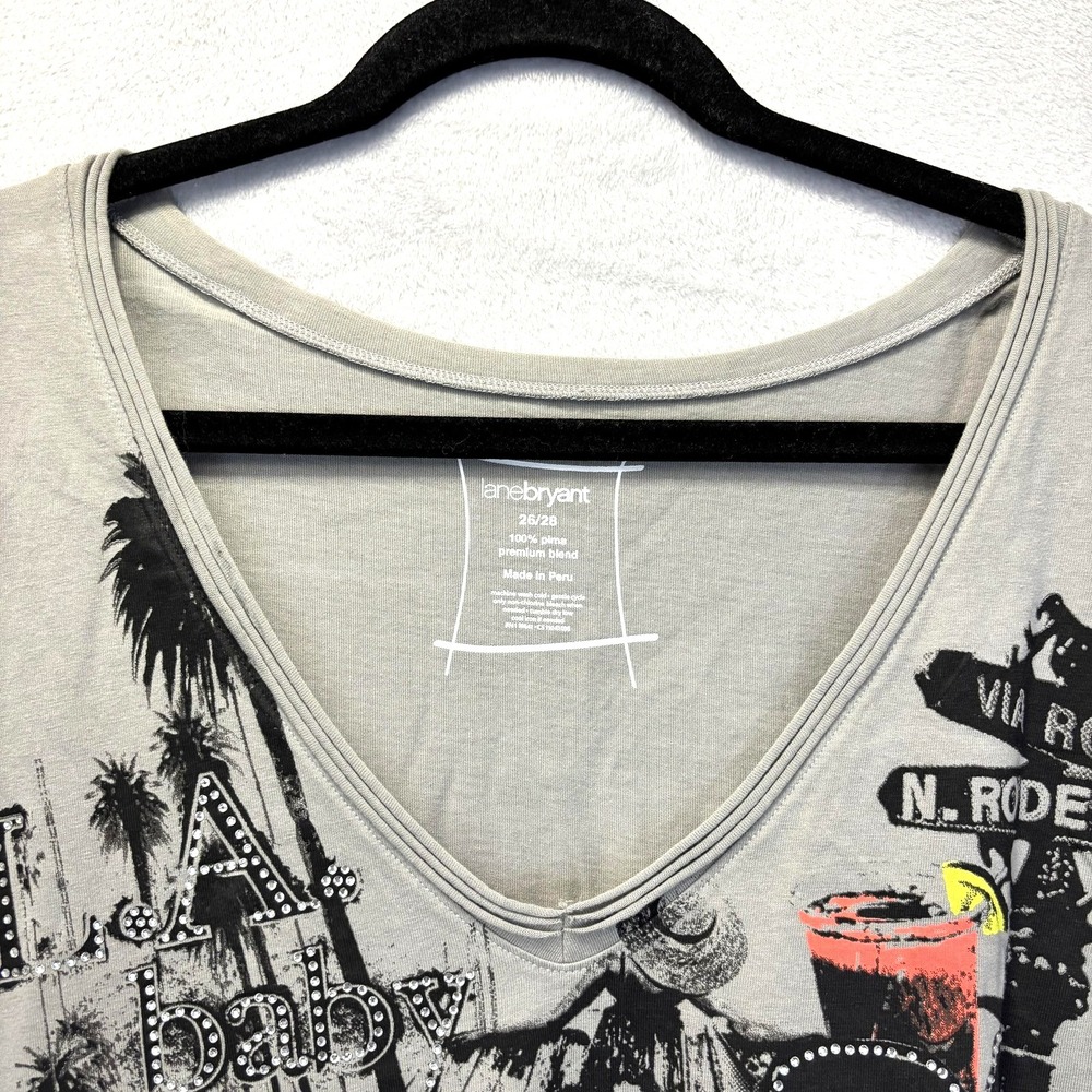 Los Angeles Graphic T-Shirt PERU Womens 26/28 Gray Rhinestone LA V-Neck Cotton - Picture 4 of 8